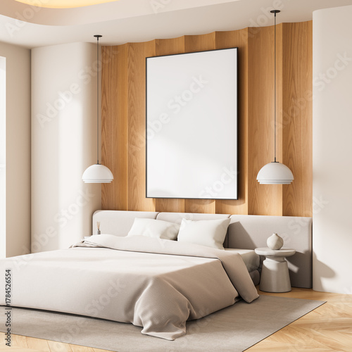 Fototapeta Naklejka Na Ścianę i Meble -  Modern bedroom interior with large blank poster mockup above the bed, wood panel wall backdrop and cozy neutral design concept in natural lighting. 3D Rendering