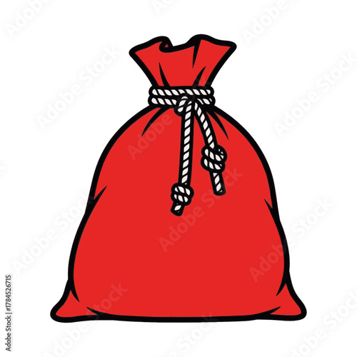 A cartoon illustration of a large red sack tied with a rope. Santa's Christmas gift bag or money sack icon. Simple flat vector graphic
