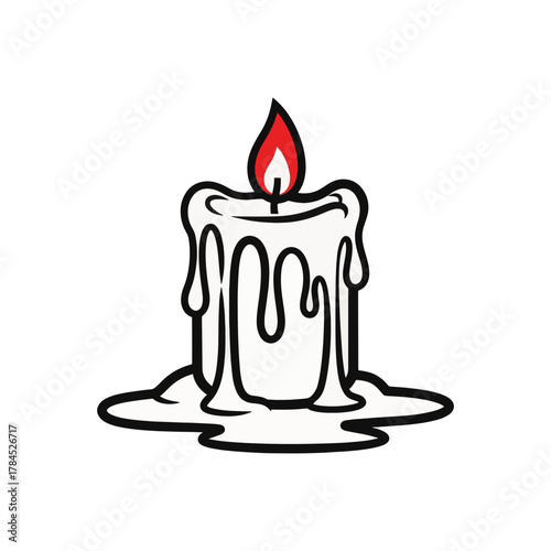 Cartoon illustration of a melting candle with wax drips. A simple vector icon with a bold outline. Isolated graphic symbol of fire and light.