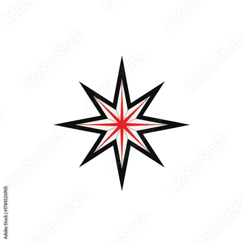 A minimalist eight-pointed star icon. Geometric compass rose or nativity star symbol. Red and black vector illustration isolated on a transparent background