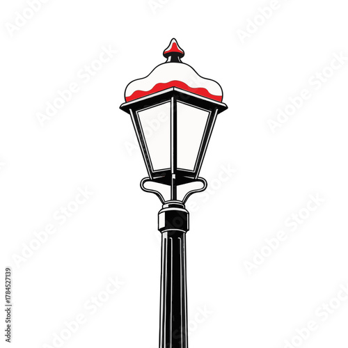 A vintage street lamp post with a snow cap. Minimalist winter and Christmas holiday vector illustration. Classic lantern icon isolated on a transparent background.