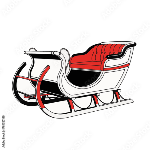 Vintage Christmas sleigh vector illustration. Classic holiday sled with a red seat. Isolated graphic element for winter designs