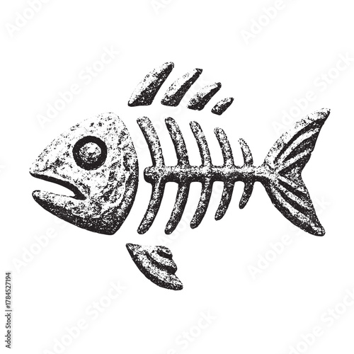 Black grunge fish skeleton illustration on pure white background, perfect for seafood logos, marine art, fishing themes, restaurant icons, and creative minimal graphic design projects