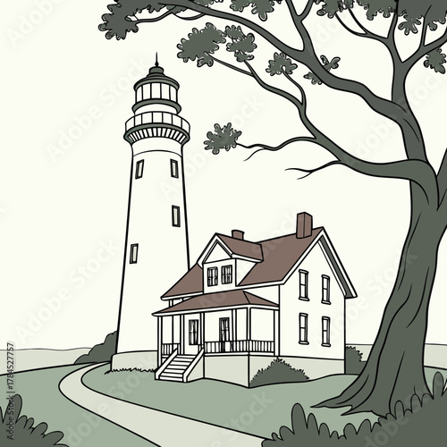 A charming illustration of a lighthouse and house beside a tree, with a winding path leading up to the buildings, creating a picturesque coastal scene