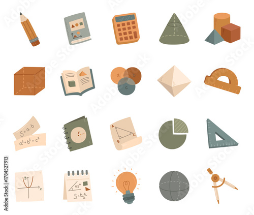 Geometry set in scandinavian style showing educational tools, books, chart, and shapes for learning, measurement, drawing, studying, teaching, and knowledge development for classroom projects