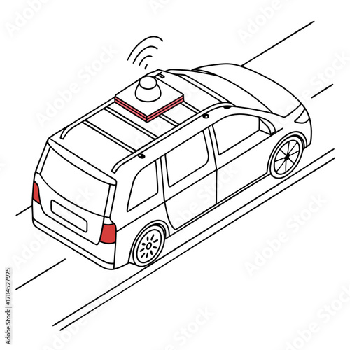 Isometric car with lidar sensor on roof, driving on road, autonomous vehicle technology