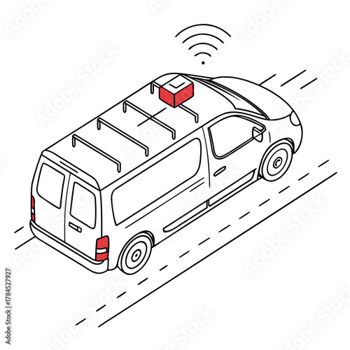 Isometric illustration of a selfdriving van with a sensor on the roof, navigating on a road, showcasing autonomous vehicle technology and modern transportation