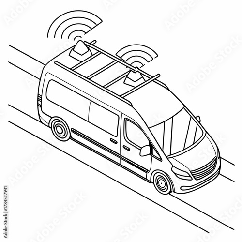 Isometric illustration of a selfdriving van with sensors on the roof, navigating on a road, showcasing autonomous vehicle technology and modern transportation