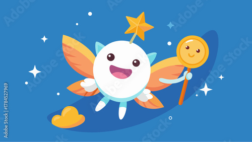 Cute cartoon tooth fairy character with wings, magic wand, and star antenna flying in a night sky with sparkles and clouds