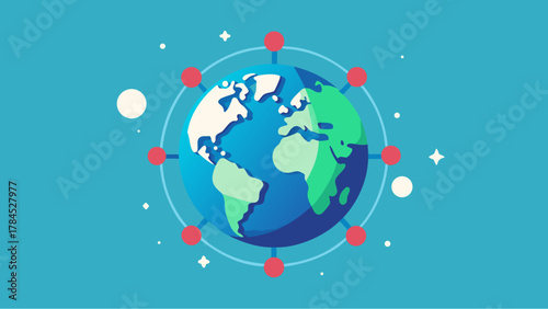 Illustration of planet Earth surrounded by connected red nodes, symbolizing global network, communication, or virus spread on blue background