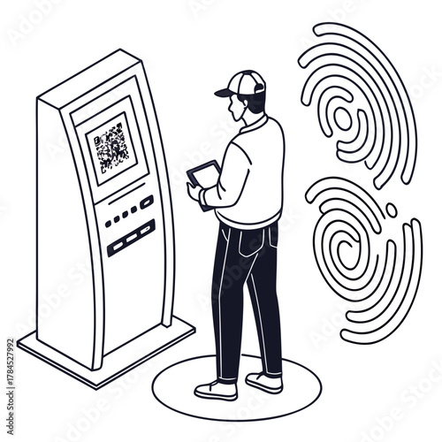 Isometric illustration of a man using a selfservice kiosk to scan a qr code, with wireless connectivity