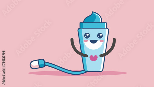 Cute cartoon toothpaste character with a smiling face and a squeezed tube, standing happily on a pink background with playful design