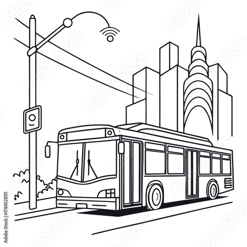 A captivating line art illustration showcasing a city bus in a bustling urban setting, , perfect for coloring books and creative projects