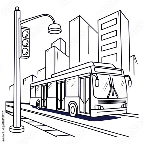 A captivating line art illustration showcasing a city bus in a bustling urban setting, , perfect for coloring books and creative projects