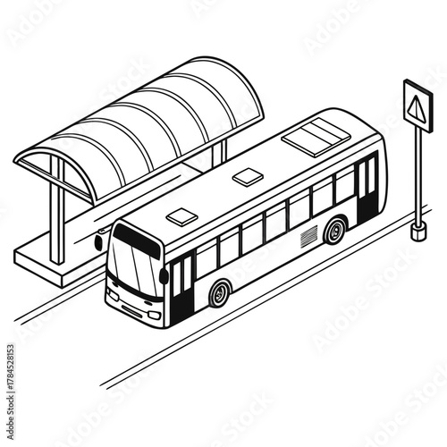 Isometric bus stop illustration with a bus waiting, showcasing public transportation infrastructure