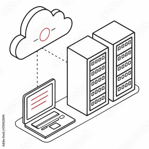 Cloud computing infrastructure with servers and cloud storage, showcasing data management and network architecture