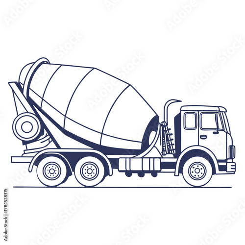 A line drawing of a concrete mixer truck, a heavyduty vehicle used to transport and mix concrete, it features a rotating drum