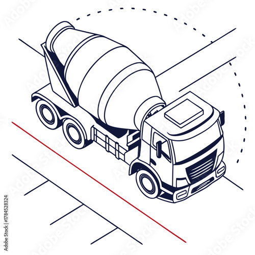 Isometric illustration of a concrete mixer truck on the road perfect for construction, transportation, or industrial themes