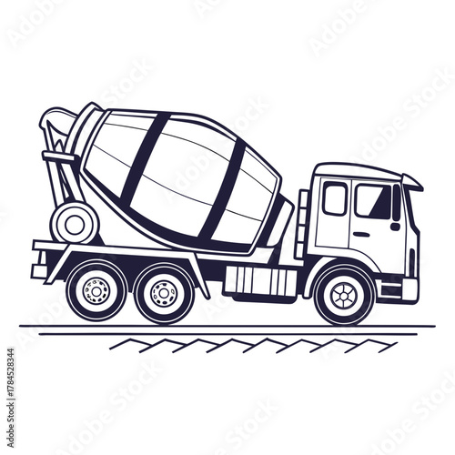 A line drawing of a concrete mixer truck, a heavyduty vehicle used to transport and mix concrete, it features a rotating drum