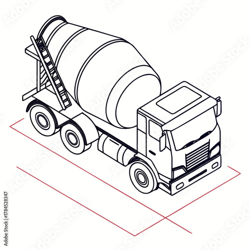Isometric illustration of a concrete mixer truck on the road perfect for construction, transportation, or industrial themes