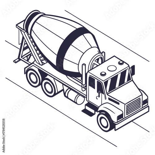 Isometric illustration of a concrete mixer truck on the road perfect for construction, transportation, or industrial themes