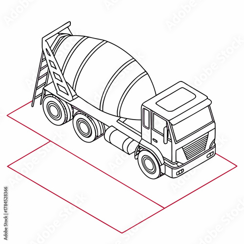 Isometric cement mixer truck illustration, showcasing a detailed line drawing of a construction vehicle with a clean design