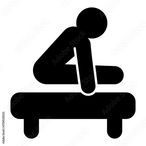 Athlete man in pose on the floor solid icon, physical education concept. Vector graphics. Sportsman with bench, sport sign on white background, style icon mobile or web design.