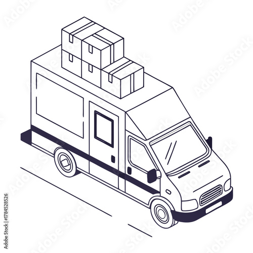 Isometric delivery van with boxes on the roof a handdrawn vector illustration of a delivery van with boxes on the roof