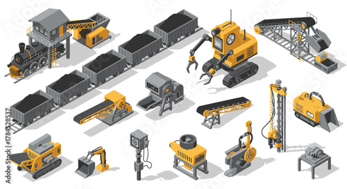 Isometric Mining Equipment Collection Conveyors, Trains, and Robot Miners for Extraction Projects