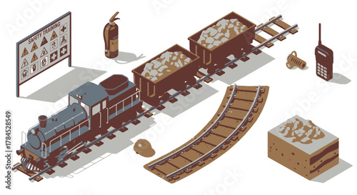 Isometric Mining Scene with Coal Train, Safety Chart, and Equipment for Industrial Themed Graphics