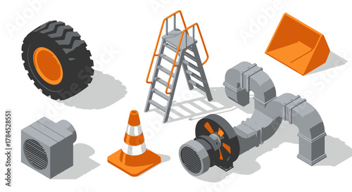 Isometric Construction and Industrial Elements Tire, Ladder, Pipes, and Safety Cone