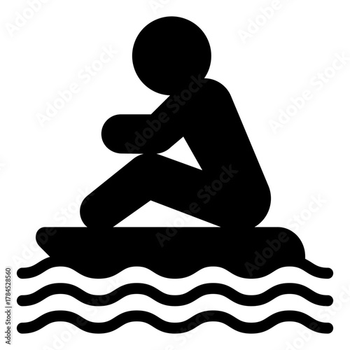 Man on raft floating in water solid icon, summer sports concept. Vector graphics. Surfboard with man and sea waves sign on white background, style icon mobile or web design