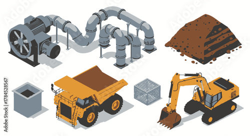 Isometric Mining Elements Set Detailed Illustrations of Industrial Equipment and Natural Resources
