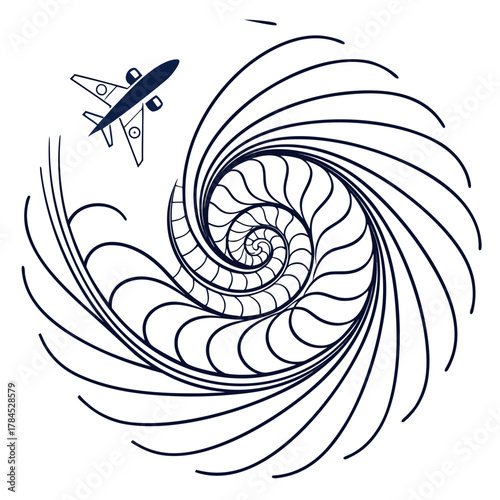 Illustration of an airplane flying in a spiral this technical drawing showcases the concept of travel and adventure