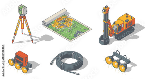 Isometric Geospatial Technology Surveying Equipment, Map, Rover, Cable, Drill Rig for Fieldwork