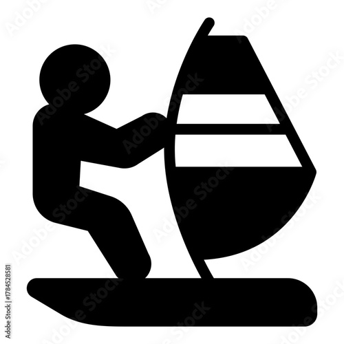 Athlete man on windsurf board solid icon, summer sports concept. Vector graphics. Surfer on board, windsurfing sign on white background, style icon mobile or web design.