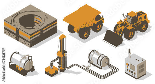 Isometric Vector Collection Surface Mining Industry Icons Depicting Machinery and Equipment