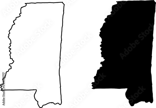 Black and white silhouette map of Mississippi state outline, simple vector design showing state borders for educational, geographic, or graphic use.
