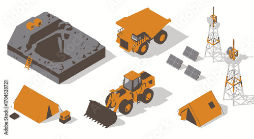 Isometric Mining Operation Quarry, Trucks, and Renewable Energy