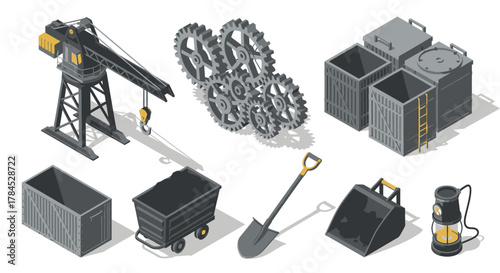 Industrial Mine Icons Crane, Cogs, Carts & Tools Illustration