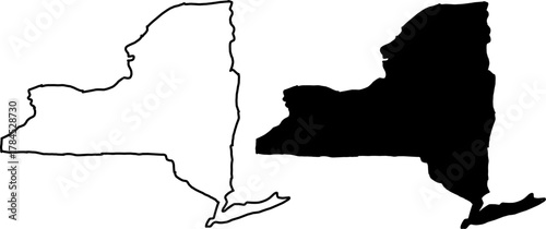 Black and white silhouette map of New York state outline, simple vector design showing borders for educational, geographic, or graphic design purposes.
