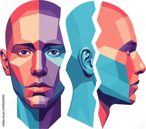 Geometric colorful human heads showing multiple perspectives