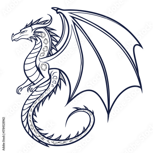 Detailed dragon illustration featuring intricate scales and powerful wings, capturing the essence of a legendary creature