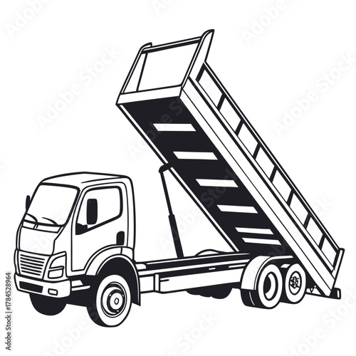 Detailed illustration of a dump truck with its bed raised, , ready to unload materials at a construction site