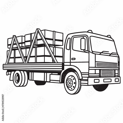 Isometric outline illustration of a flatbed truck carrying crates, the truck is drawn in black and white, with a simple, clean style