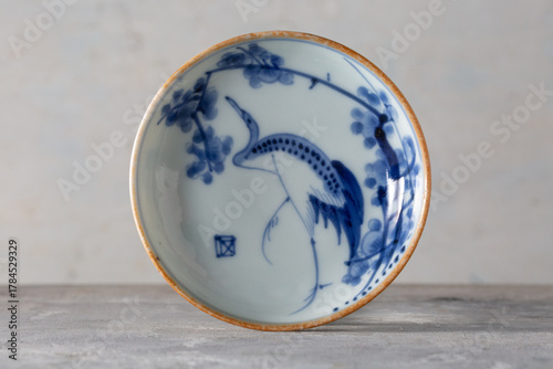 Imari-yaki Sometsuke Ware Blue and White Egret under Reeds Design Small Plates Set of 2 – Saga Japan, Meiji Era