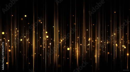 A shimmering abstract background featuring vertical golden lines and glowing dots against a dark backdrop, creating a sense of elegance and depth.