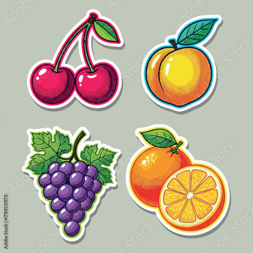 A delightful assortment of colorful fruit stickers, showcasing vibrant cartoon illustrations of fresh cherries, a juicy peach, plump grapes, and a sliced orange, perfect for healthy eating designs