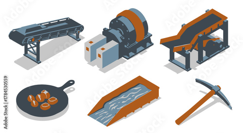 Isometric Mining Icons Set Conveyor, Mill, Pan, Pickaxe, and Sluice