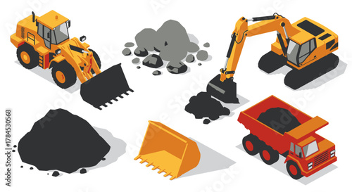 Isometric Set of Construction Machines and Coal Piles